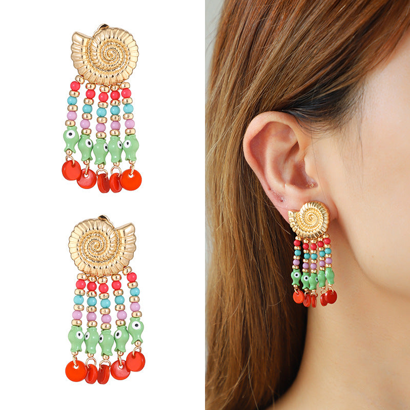 Wholesale Alloy Beach Conch Handmade Tassel Color Earrings