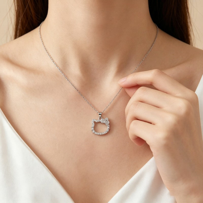 Wholesale Japanese Style Cat Hollow Pendant Necklace Alloy Zircon Collarbone Chain Women S Fashion Jewelry For Boutique Resale
