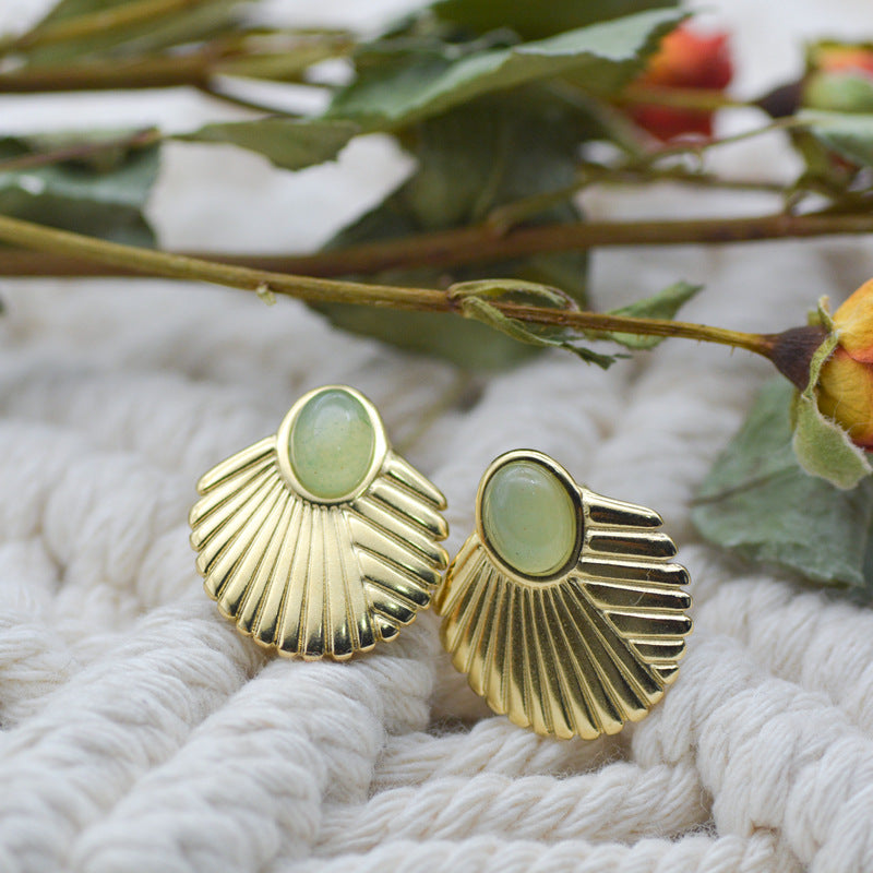 Wholesale Natural Stone Earrings 18K Gold Stainless Steel Bohemian Fan-shaped Turquoise Earrings