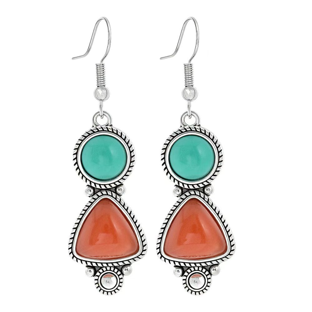 Wholesale Turquoise Geometric Tassel Earrings Antique Silver Retro Fashion Accessory for Everyday Wear or Gift
