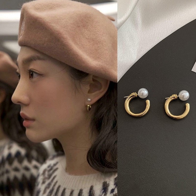 Wholesale Silver-Tone Metal C-Shaped Pearl Earrings Korean Style Fashion Jewelry Accessory
