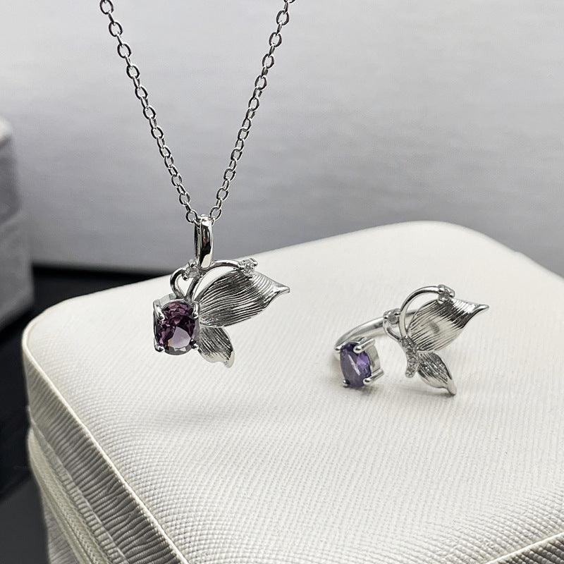 Wholesale Purple Diamond Butterfly Brushed Irregular  Ring Necklace