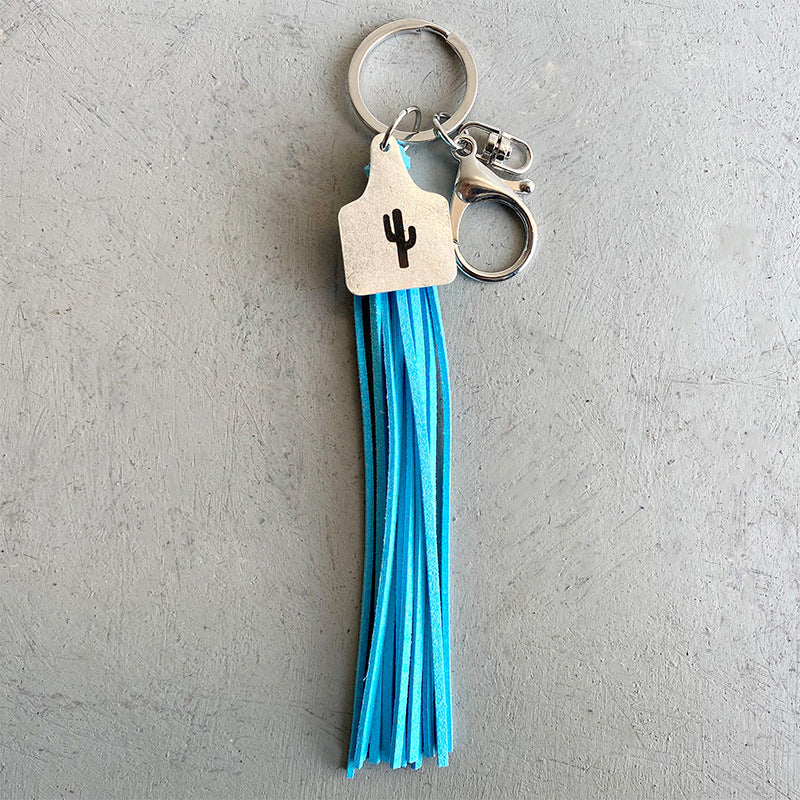 Wholesale 2PCS Cross-border western metal Cow brand leather tassel key ring cow head horseshoe cactus marking key chain pendant