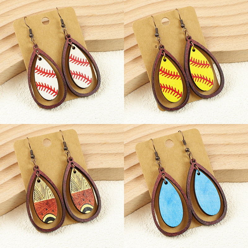 Wholesale Sports Balls Baseball Softball Bohemian Style Ethnic Style Hollow Pendant Wooden Women's Earrings