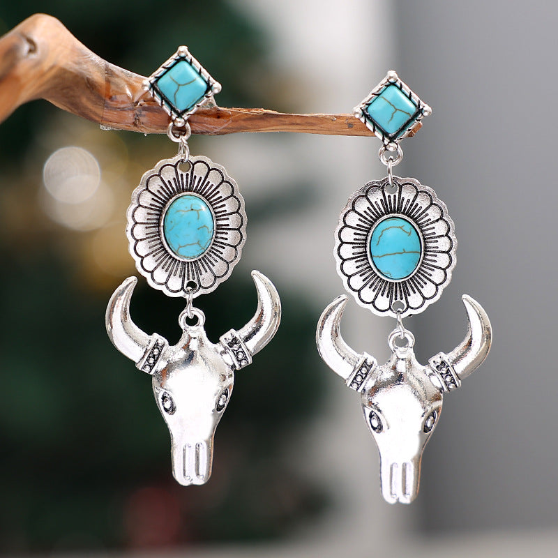 Wholesale Bohemian Cow Head Earrings Retro Denim Turquoise Design Fashion Accessory Gift Boutique Resale