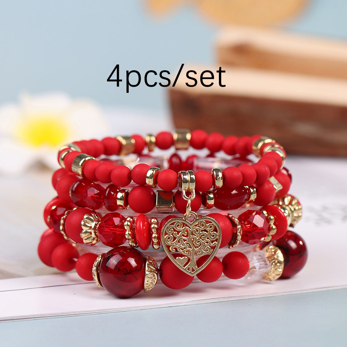 Wholesale Coffee Glass Bead Bohemian Bracelet Set Heart Pendant Tassel Jewelry
