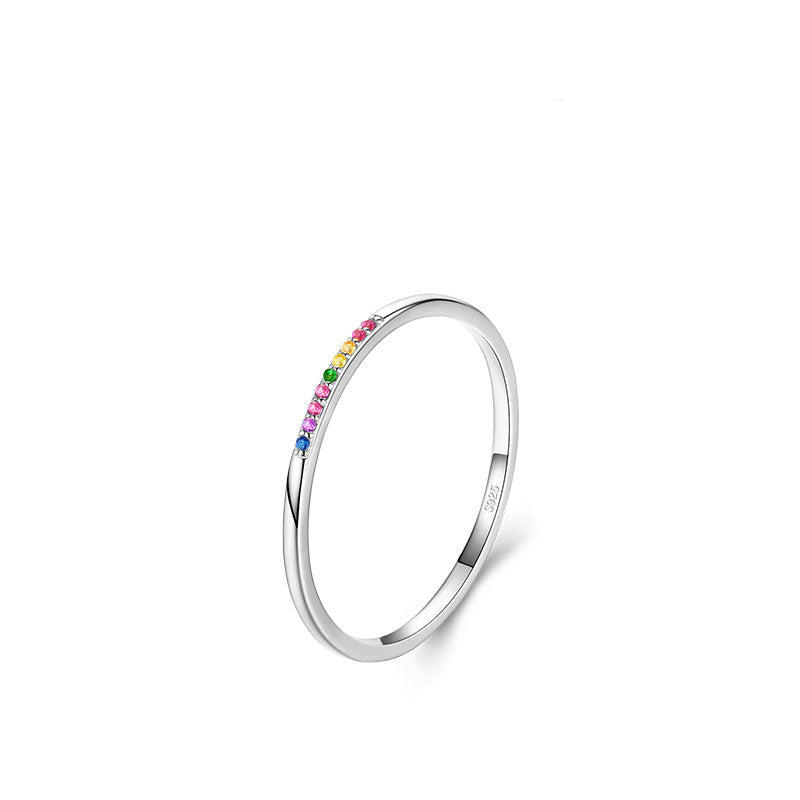 Wholesale  s925 Sterling Silver Simple All-Match Slim Rainbow Stone Ring