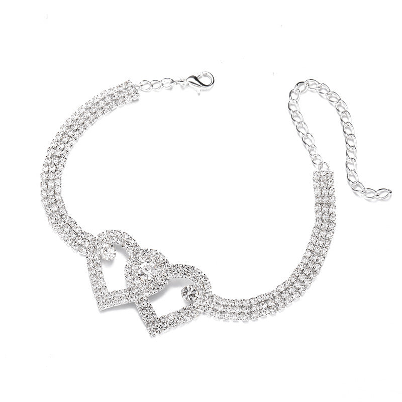 Wholesale double heart anklet full of diamonds shining beach anklet