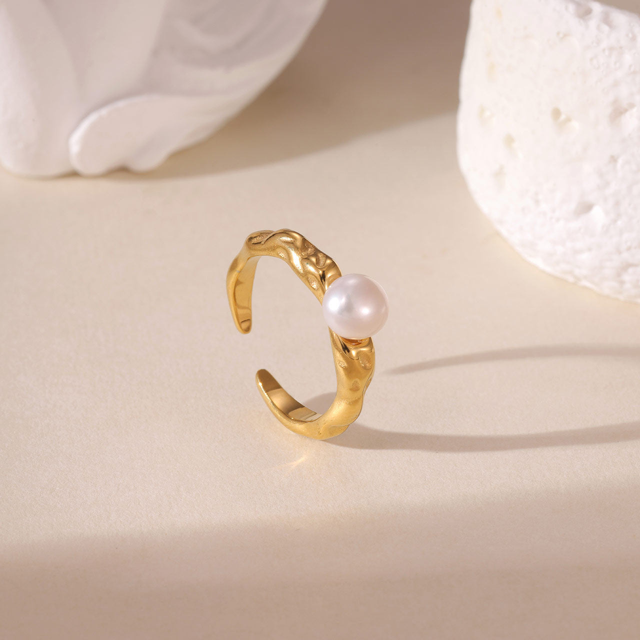 Wholesale Geometric Titanium Steel Open Ring with Faux Pearl