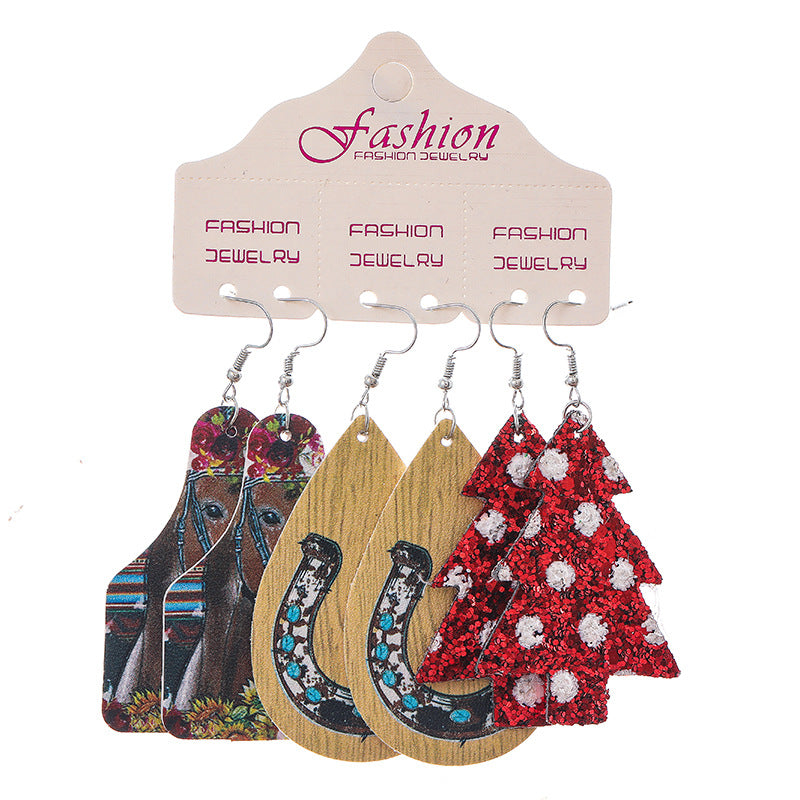Wholesale 2 Sets Christmas Earrings Set Western Style PU Leather Bull Head Cactus Sunflower Horseshoe Teardrop Earrings ACC-ES-HY131