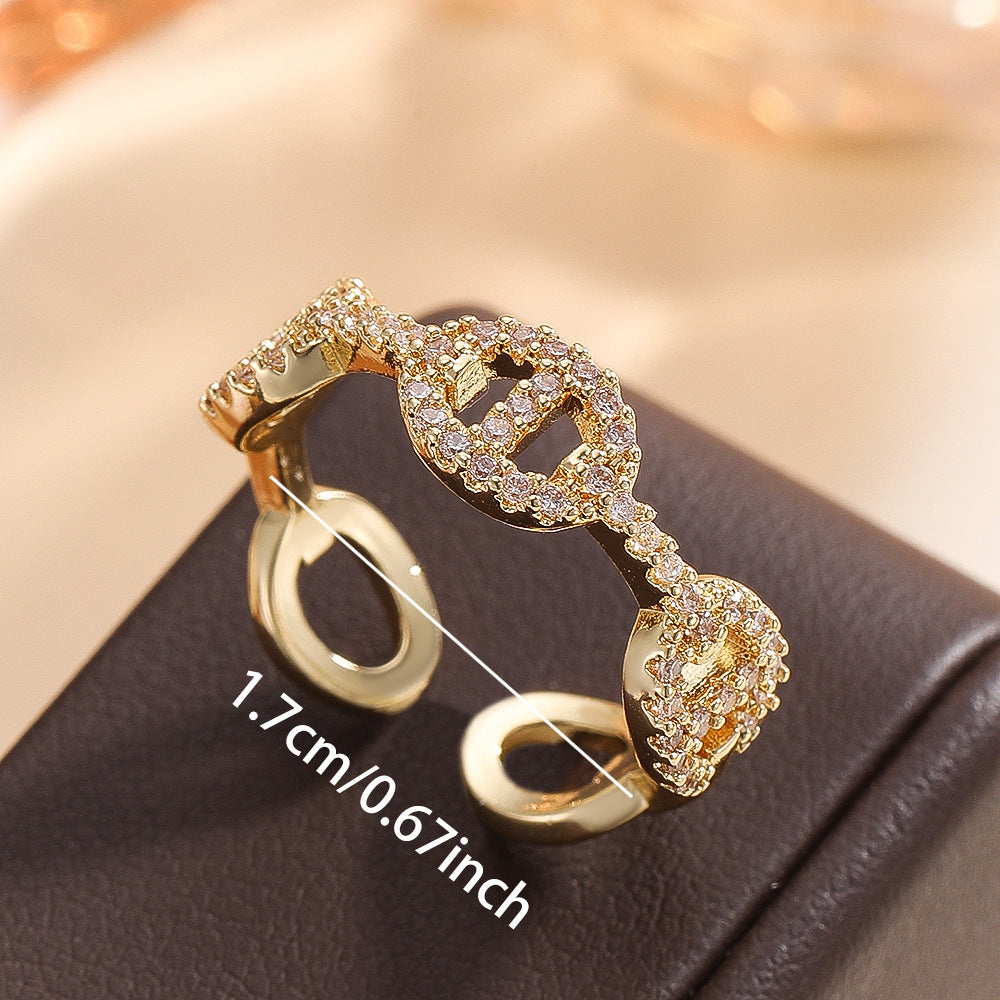Wholesale Fashion Gold Leaf Adjustable Ring Copper Zircon Electroplated Jewelry Accessory Boutique Resale