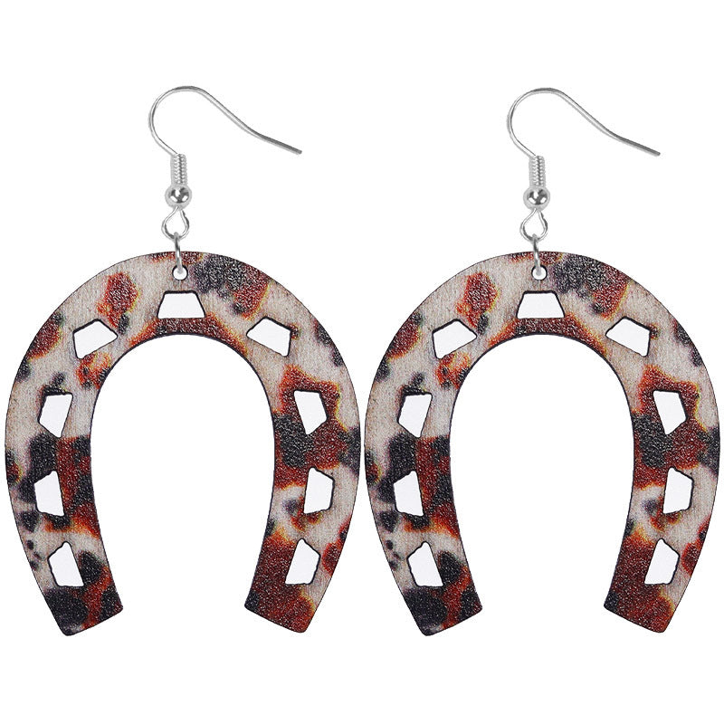 Wholesale Western cowboy old style horseshoe-shaped wooden earrings