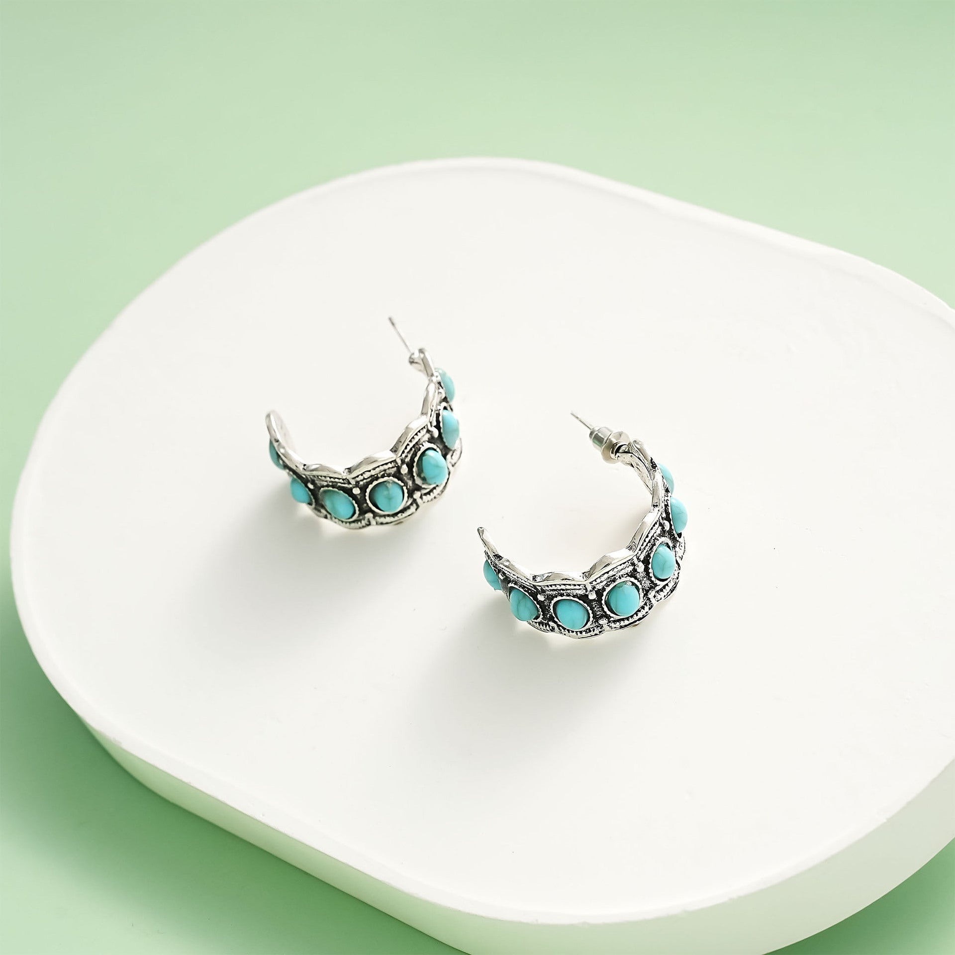 Wholesale geometric retro earrings inlaid green natural stone earrings