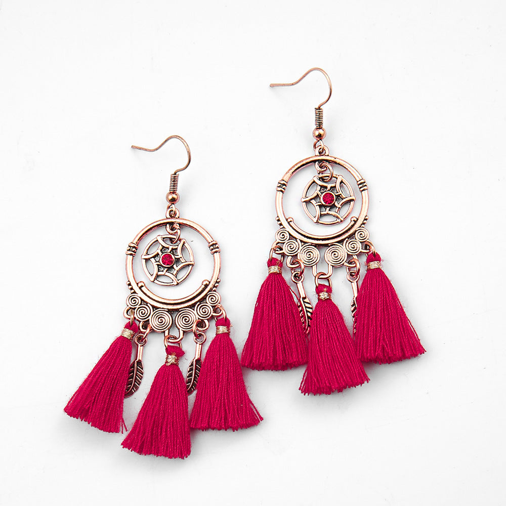 Wholesale Chinese Style Red Tassel Earrings Retro Medieval Festive Jewelry Accessory