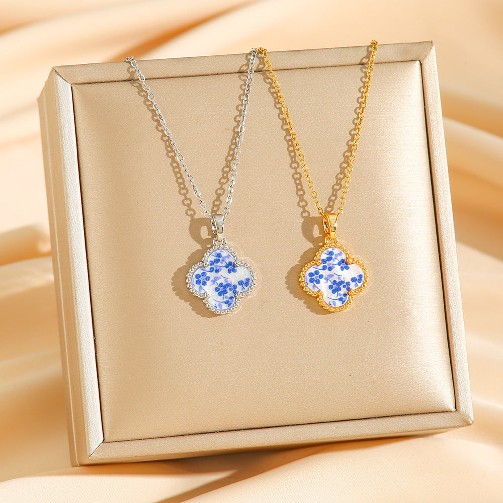 Wholesale Titanium Steel Blue White Porcelain Four-Leaf Clover Necklace Fashion Accessory