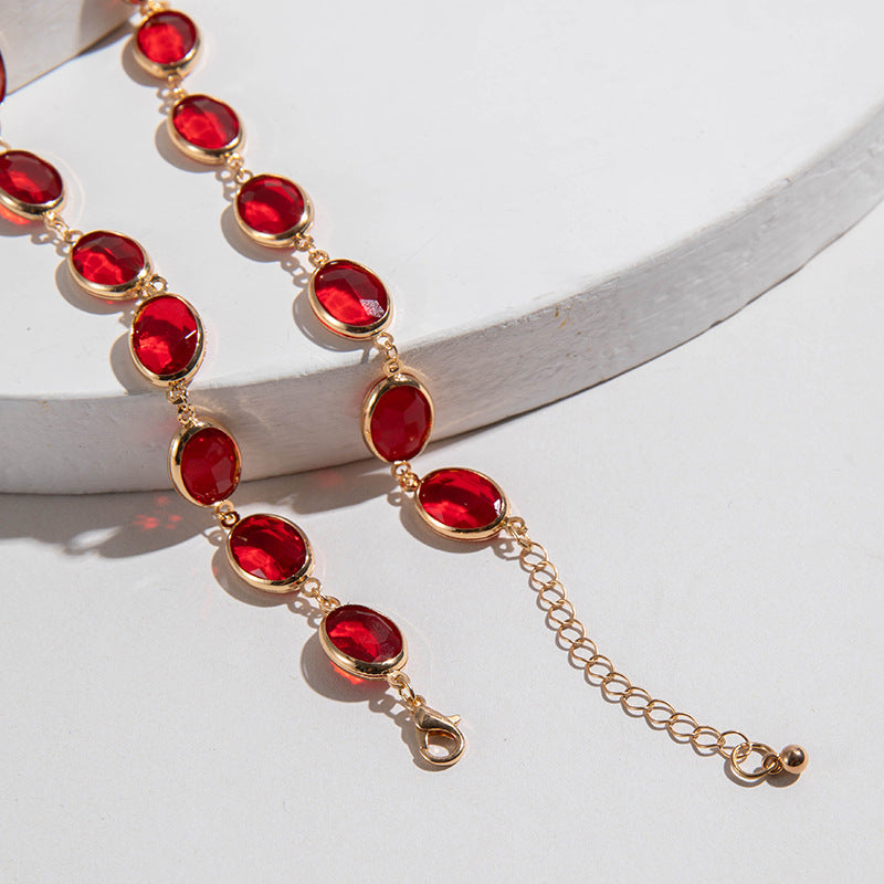 Wholesale Retro Red Diamond Clavicle Geometric Oval Necklace