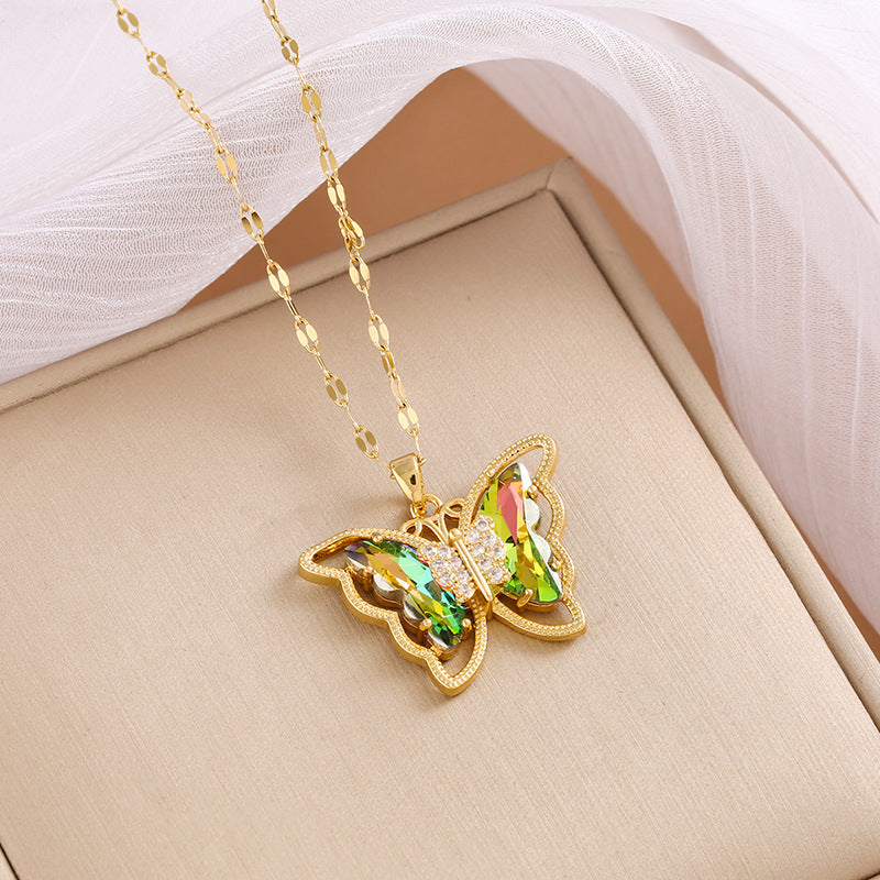 Wholesale Gold Plated Necklace Micro-Inlaid Colored Crystal Butterfly Necklace Titanium Steel Necklace ACC-NE-Nayin004