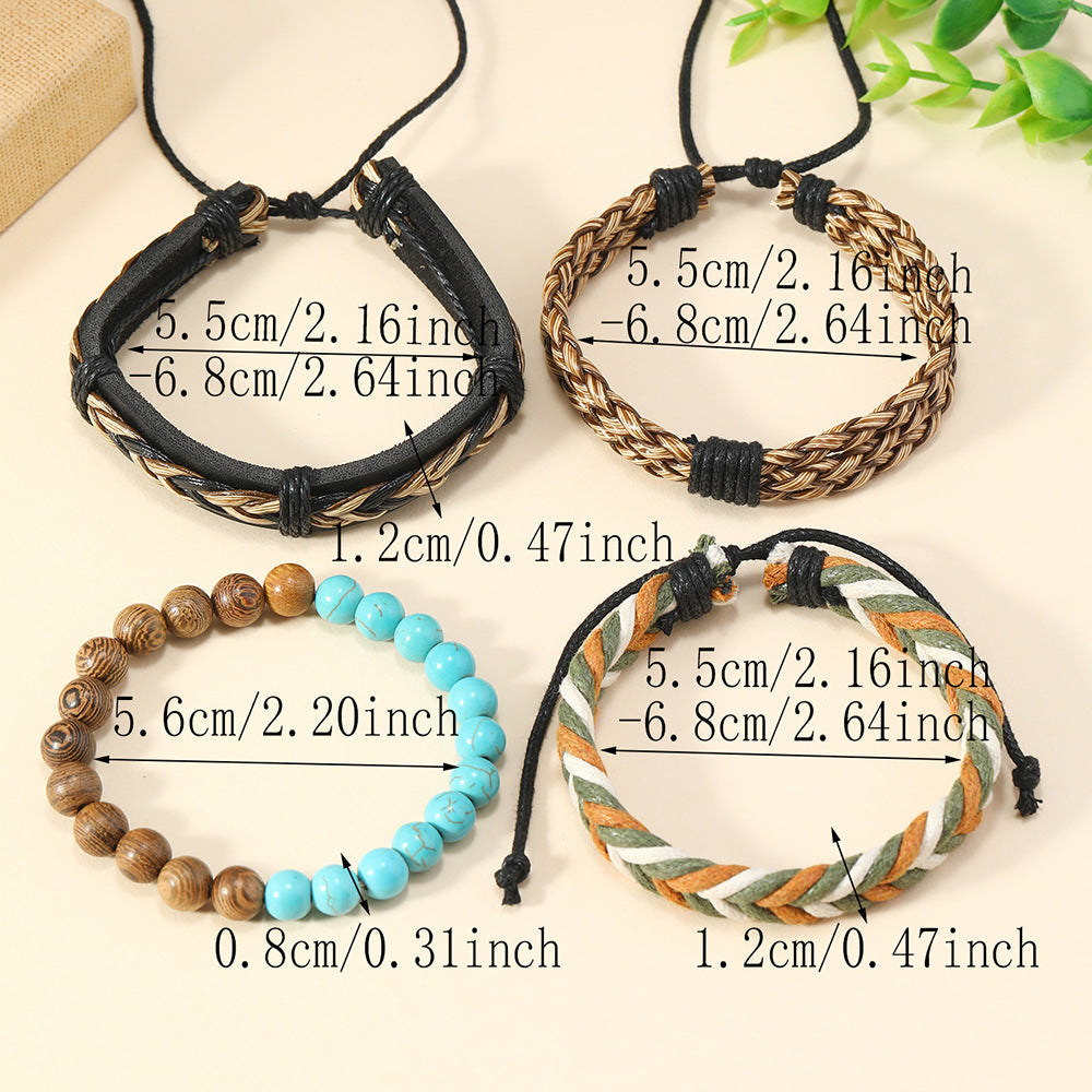 Wholesale Bohemian Handmade Woven Wood Turquoise Bracelet Set