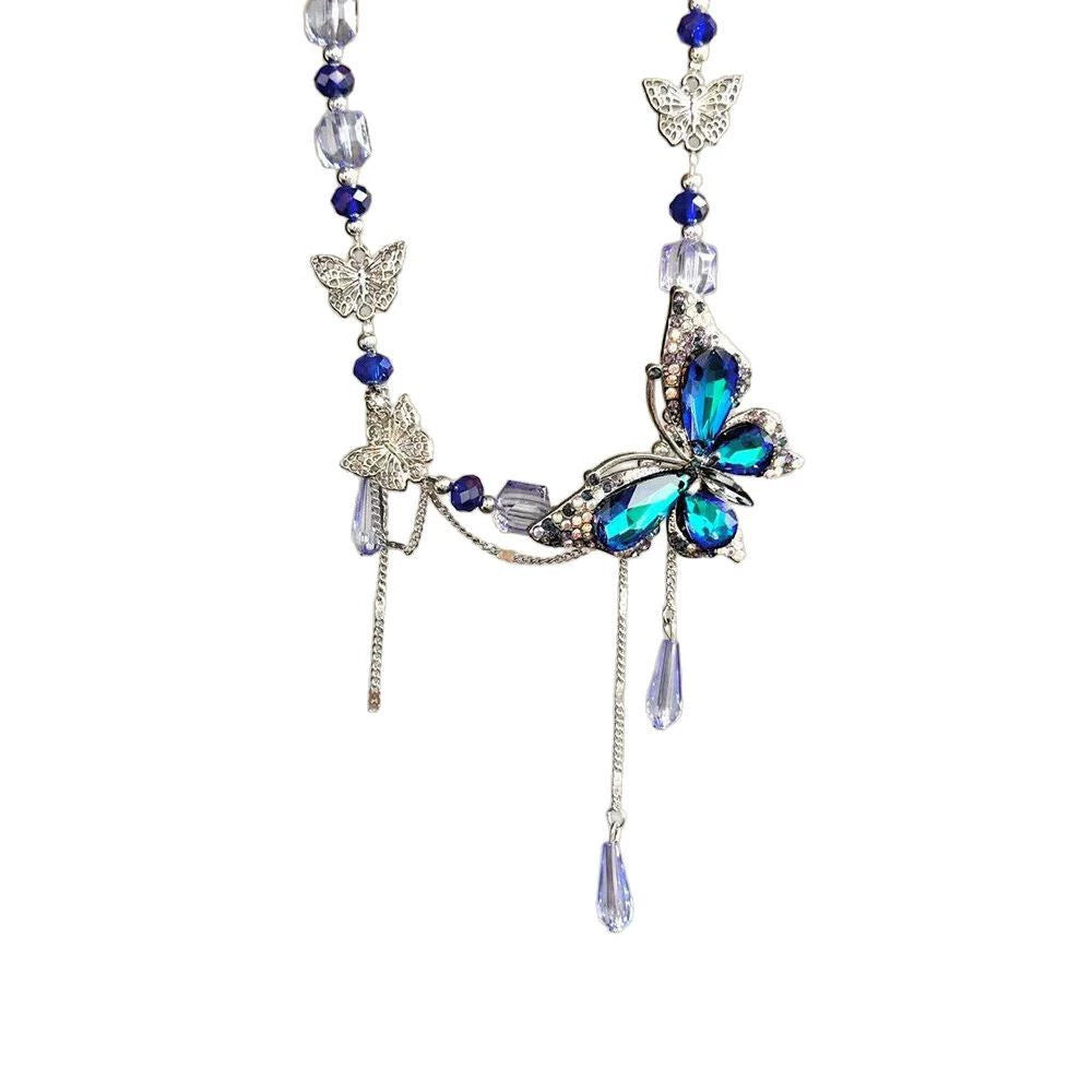 Wholesale Blue Diamond Butterfly Water Drops Tassel Necklace
