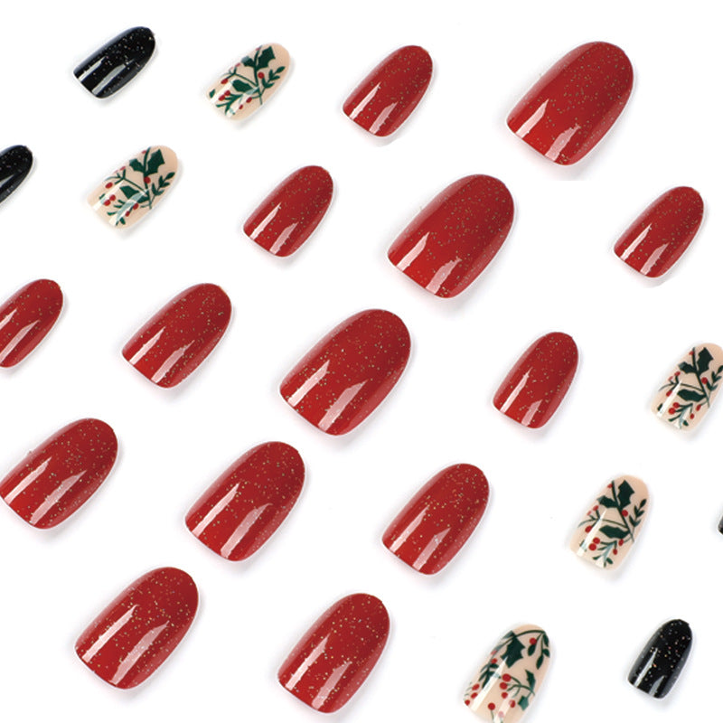 Wholesale 24 Pieces/box Christmas Leaf Press-on Nails Kits Nail Stickers ACC-NS-LeFan029