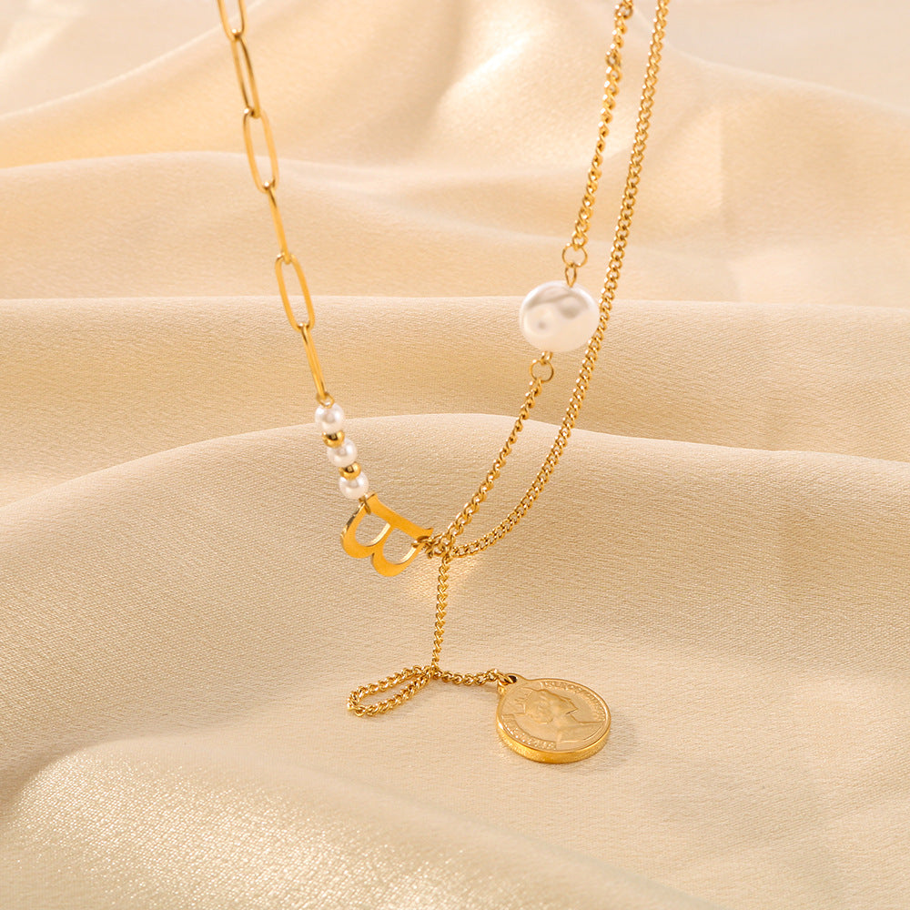 Wholesale  Baroque Goddess Head Pendant Flat Pearl Letter Asymmetric Double Chain Necklace