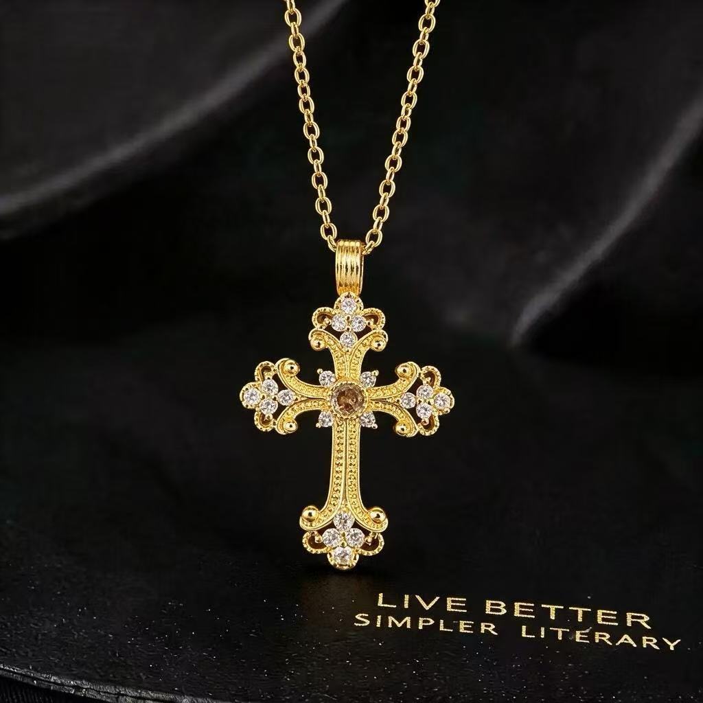 Wholesale Retro Chic Rhinestone Cross Pendant Necklace Gold Tone Copper Zircon O Chain Fashion Accessory Boutique Resale