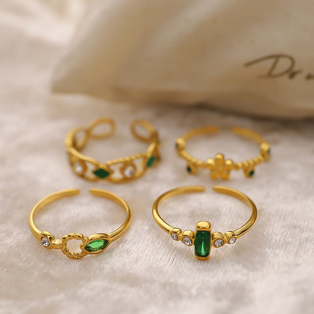 Wholesale Emerald Zircon Titanium Steel Open Colored Gemstone Ring Flower Ring ACC-RS-Yachan002