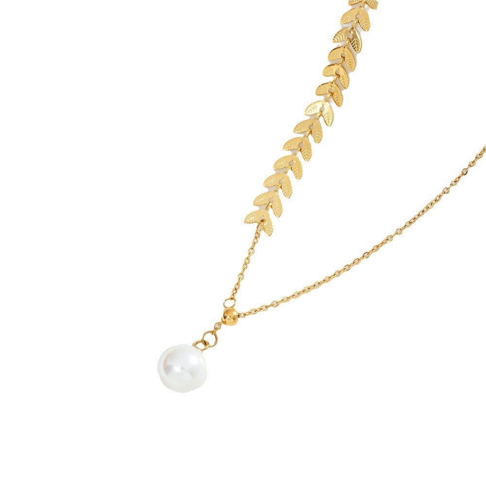 Wholesale Titanium Steel Asymmetric Wheat Pearl Clavicle Chain Necklace,  Fashion Jewelry Gift for Boutique Resale