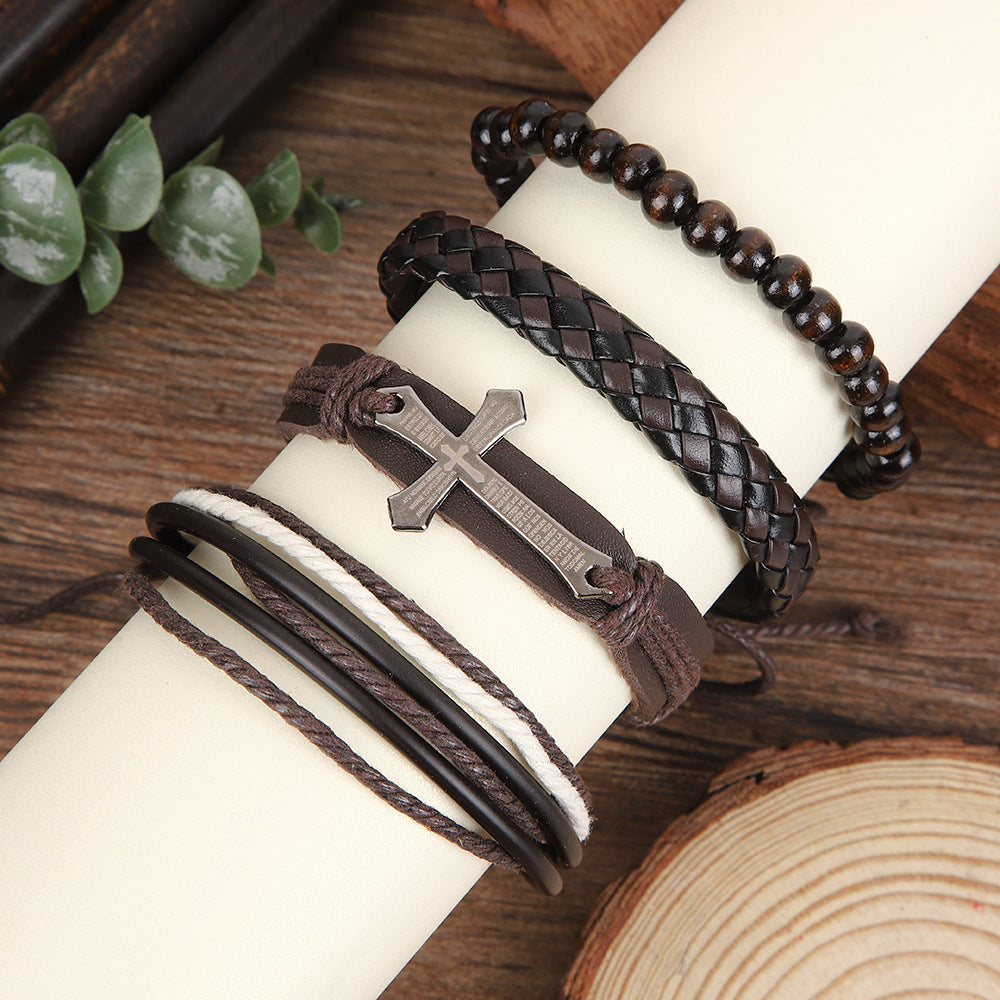 Wholesale Punk Cross Leather Woven Wood Bead Multi Layer Bracelet Retro Unisex Fashion Accessory For Gift