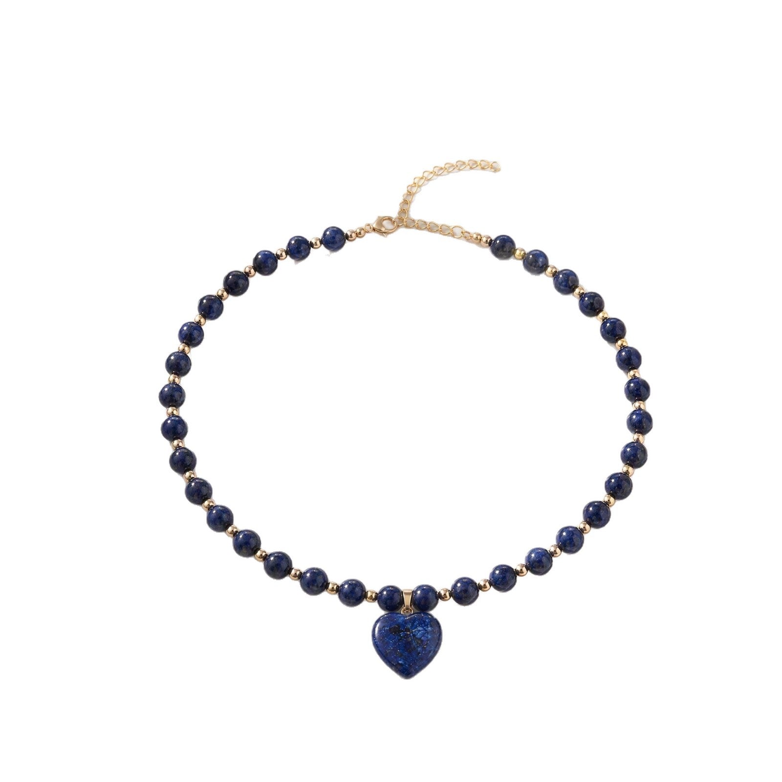 Wholesale Trendy Handmade Heart Pendant Necklace Deep Blue Lapis Lazuli Beaded Single Layer Women Jewelry Fashion Accessory
