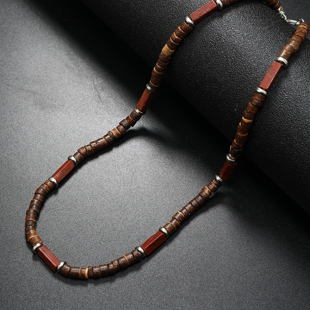 Wholesale Vintage Bohemian Summer Brown nut Shell Wood Bead Natural Stone Necklace for Men
