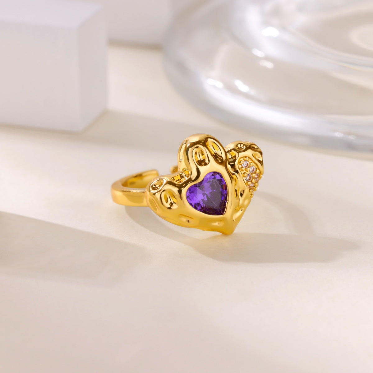 Wholesale Heart Shape Purple Bow Zircon Ring 18K Gold Plated Fashion Accessory Gift for Women Boutique Resale
