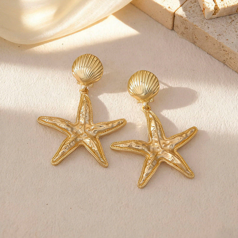 Wholesale Ocean-Inspired Textured Gold Conch and Starfish Stud Earrings