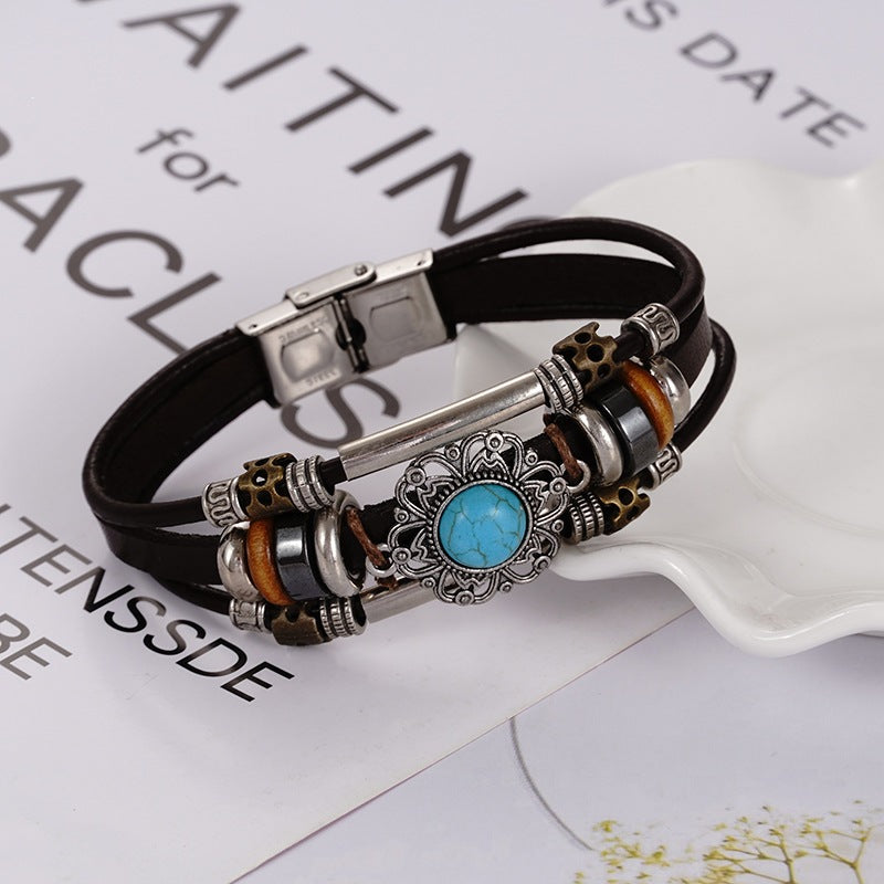 Wholesale Handwoven Leather Turquoise Bracelet Men Unisex Trendy Jewelry Accessory