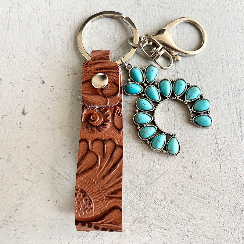 Wholesale Embossed Cowhide Leather Keychain With Turquoise Pumpkin Pendant Western Retro Style Key Ring Fashion Accessory