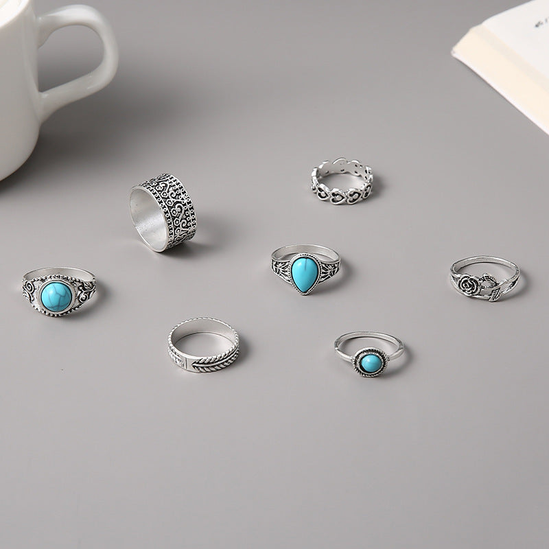 Wholesale Bohemian Turquoise Rose Totem Ring Set 7-Piece Vintage Alloy Jewelry Accessory Gift