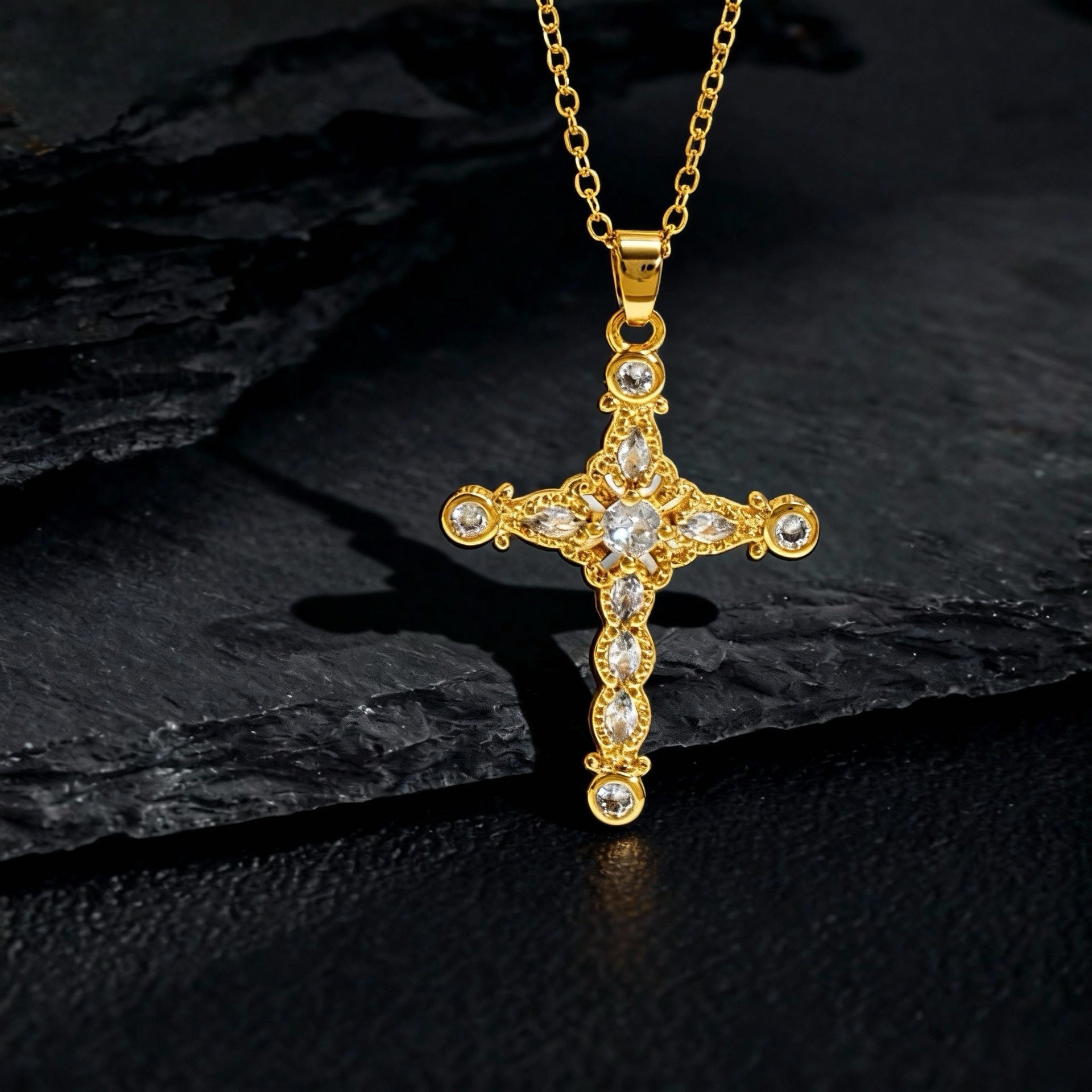 Wholesale Gold Plated Copper Cross Zircon Pendant Necklace Trendy Chic Collarbone Chain For Women