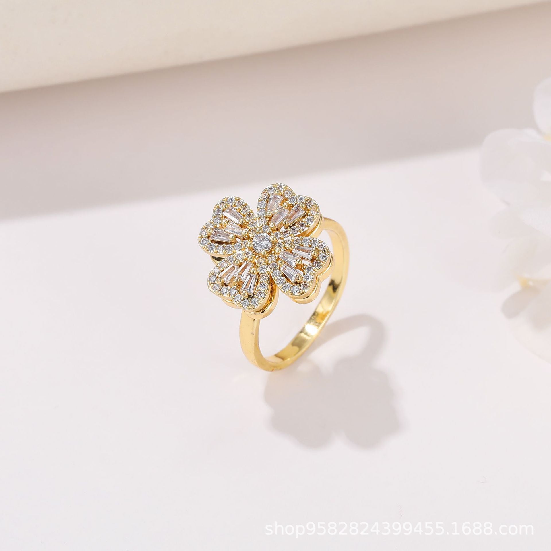 Wholesale 360° Rotating Double-Layer Flower Ring Gold Plated Zircon Fashion Accessory Boutique Gift