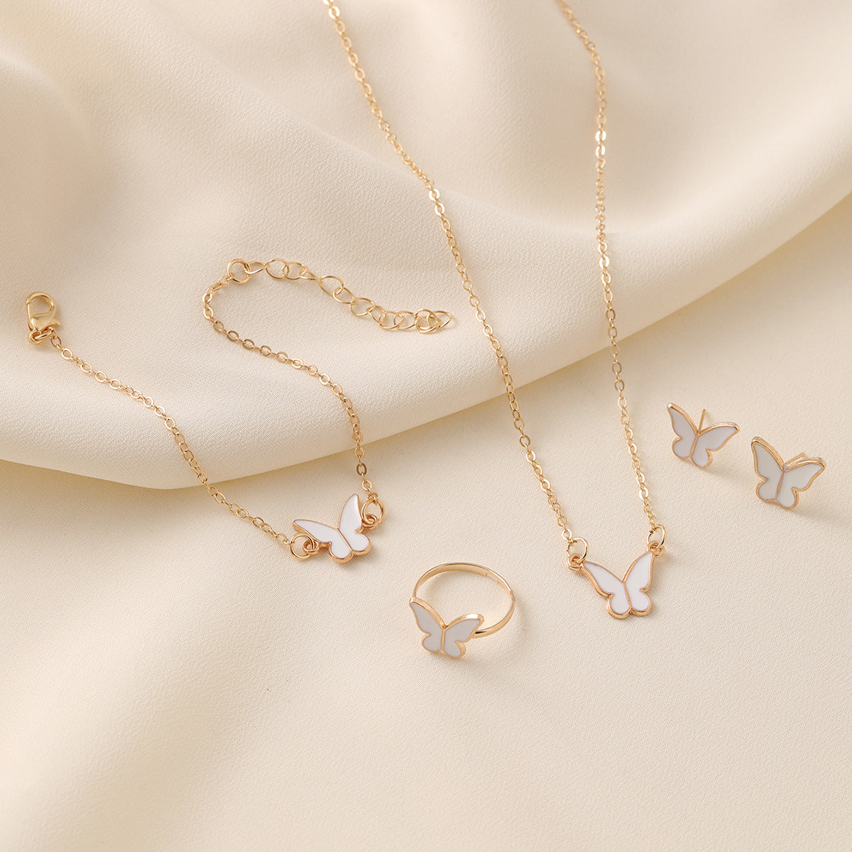 Wholesale Chic White Butterfly Jewelry Set Alloy Necklace Ring Earrings Everyday Wear Accessory For Women