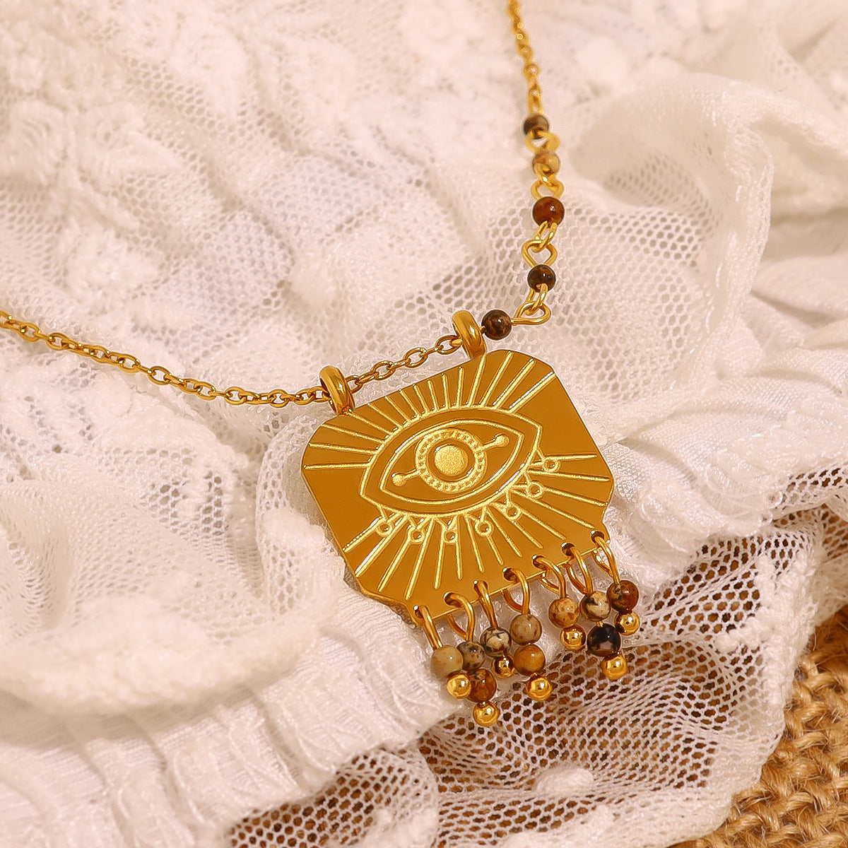 Wholesale Titanium Steel Vintage Natural Stone Square Pendant  Devil's Eye Neck Chain