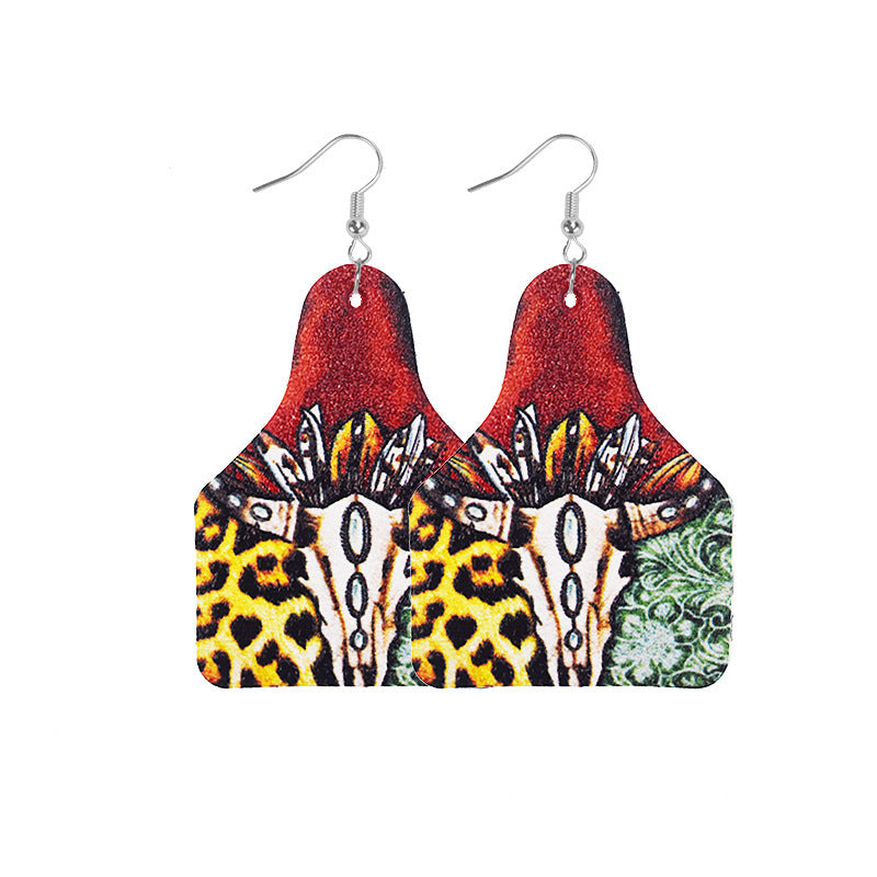 Wholesale Retro Western Cowboy Old Style Flower Bull Head Ethnic Style Print Leather Earrings