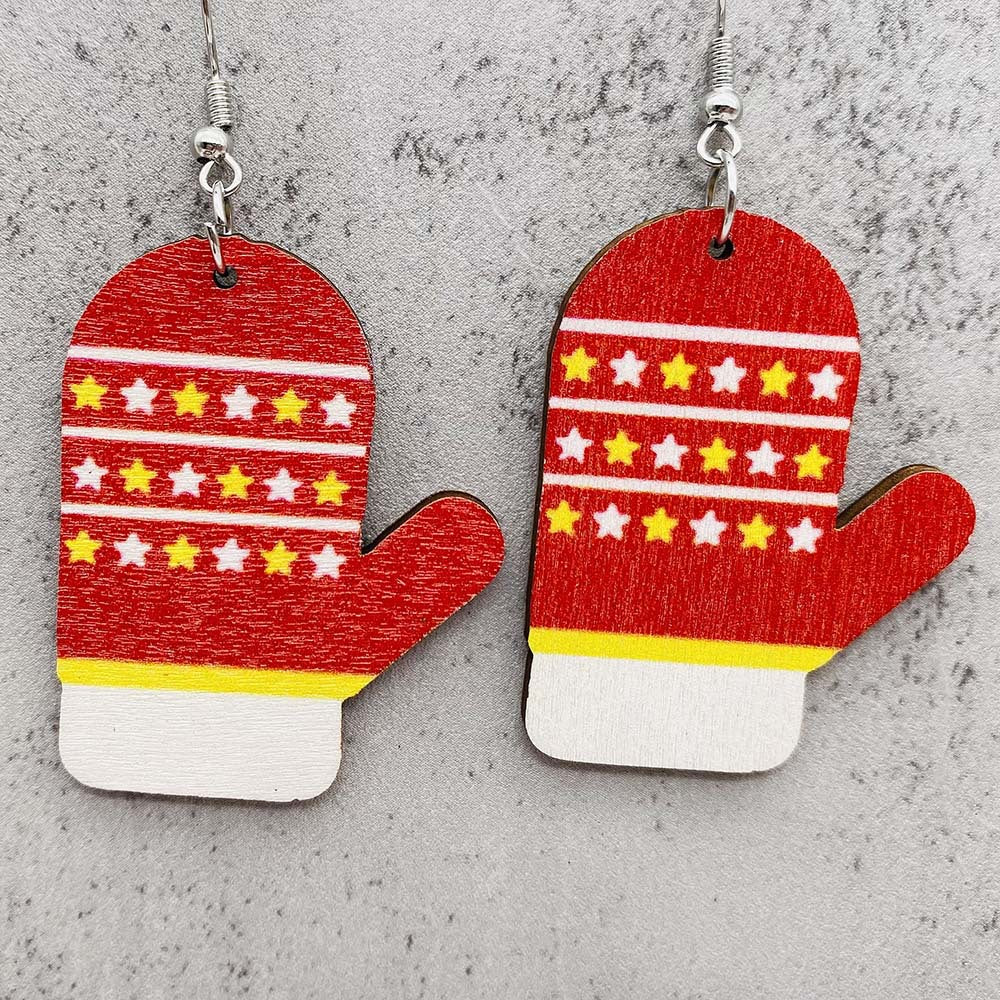 Wholesale Christmas Series Earrings Christmas Hat Football Gloves Bell Printed Wooden Earrings