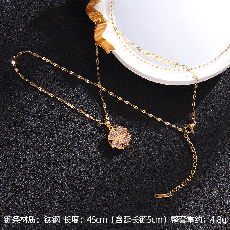Wholesale Zircon Rotating Four Leaf Clover Flower Pendant Titanium Steel Necklace ACC-NE-Rongc006