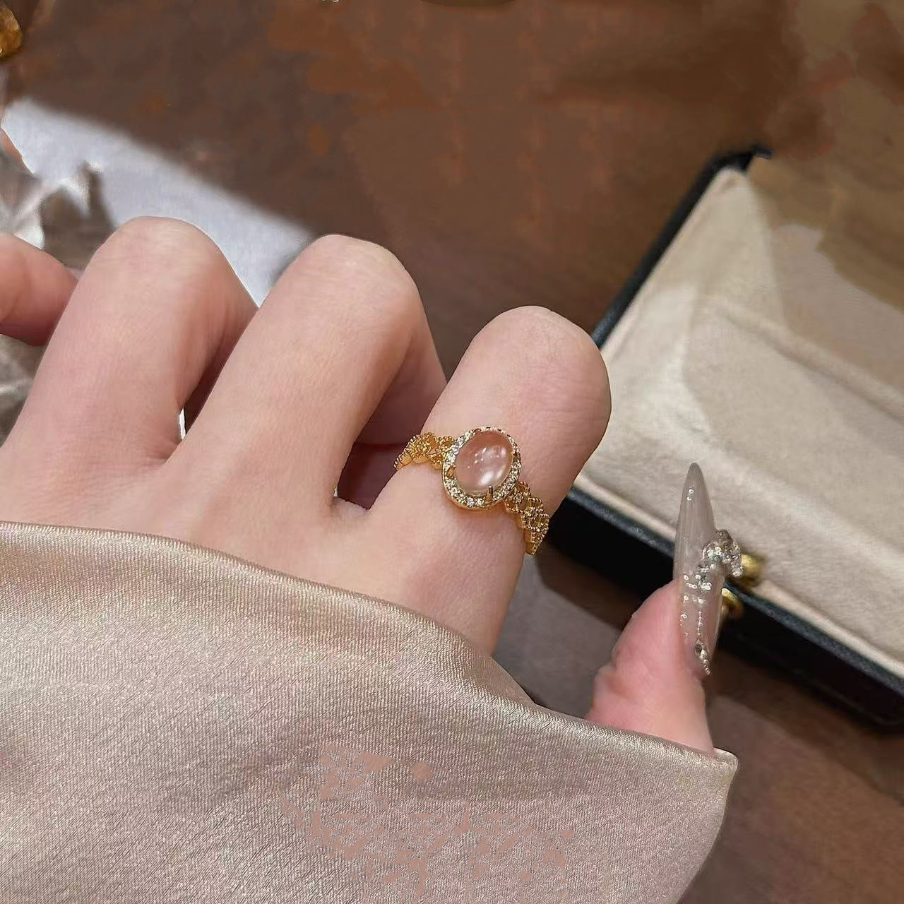 Wholesale Geometric Imitation Chalcedony Ring Boutique Resale Fashion Accessory Adjustable Opening Copper Zircon Jewelry
