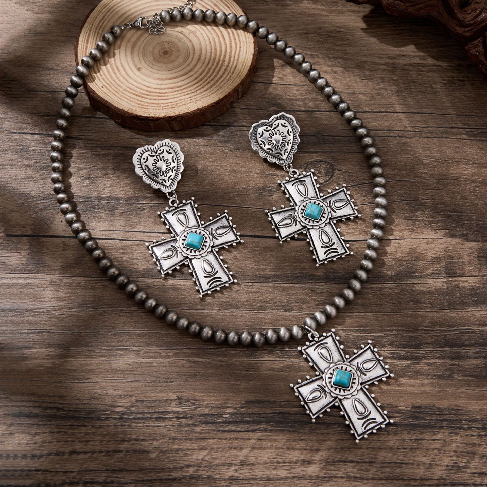 Wholesale Zinc Alloy Heart-Shaped Cross Jewelry Set Vintage Western Style Trendy Party Accessory