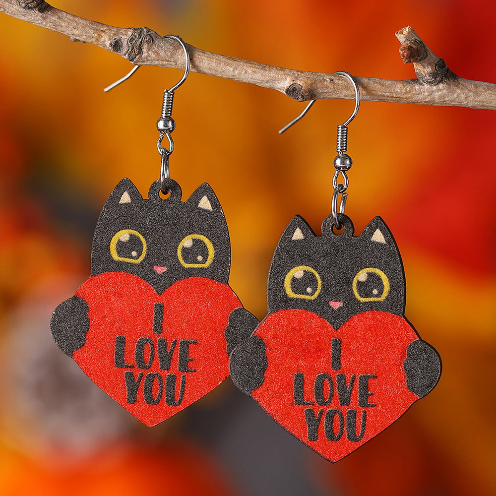 Wholesale cat red love letter  double-sided wooden Valentine's Day  earrings