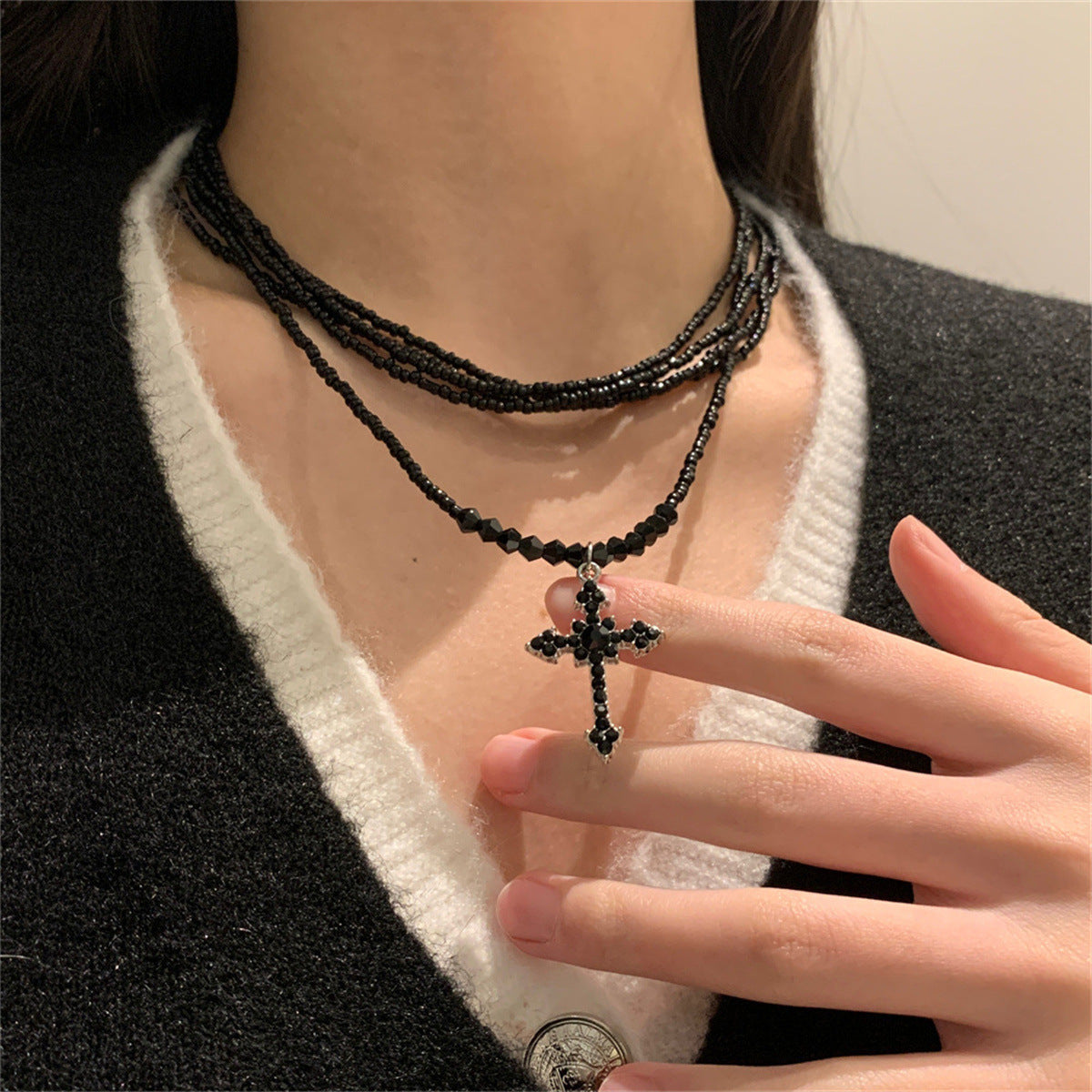 Wholesale  Shiny Rhinestone Cross Woven Rice Bead Multi-Layer Necklace