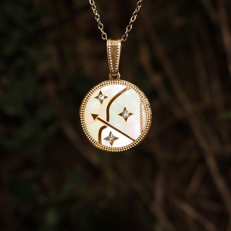 Wholesale Zodiac Diamond Round Shell Stainless Steel Pendant Necklace 18K Gold Plated