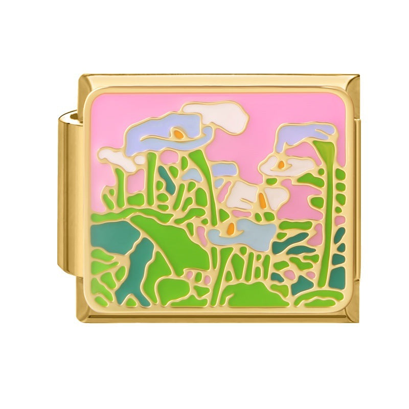 Wholesale Cute Cat Landscape DIY Modular Charm Bracelet Stainless Steel Gold Base Jewelry Accessory