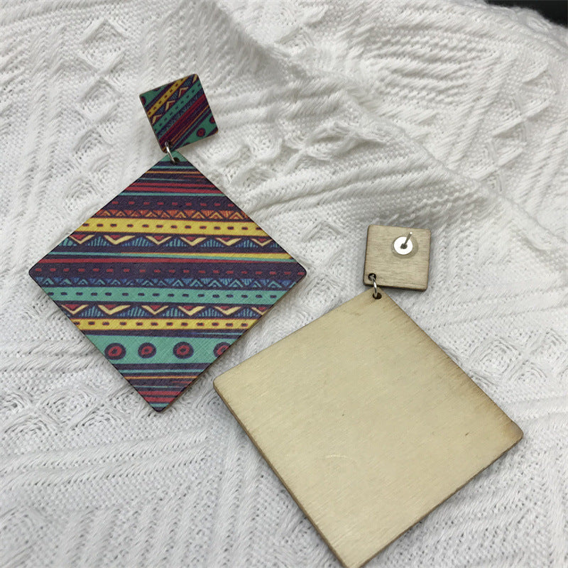 Wholesale Bohemian Vintage Wood Rhombus Long Earrings ACC-ES-FX056